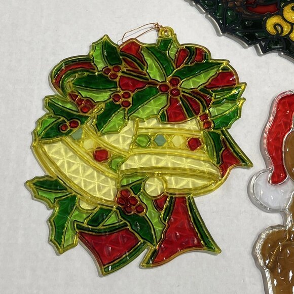 Vintage Christmas Stained Glass Plastic Window Decorations Set of 4 Wreath Bell - Picture 11 of 16